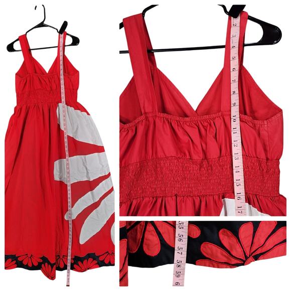 eShakti Maxi Flower Dress 1X 18W Red White Pocket‎ Cotton Surplice Neck Smocked - Picture 5 of 11